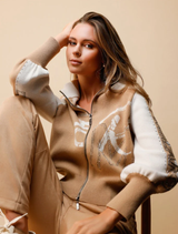 Cognac patterned cardigan jacket displayed, illustrating its fashionable style and comfortable fit for various occasions.