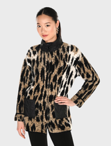 Black and tan leopard print knit jacket made from soft, thick fabric, showcasing a stylish and cozy design.