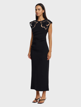 The Koda Midi Dress in Black showcases a modern design with a structured silhouette, perfect for cocktail events and formal gatherings.