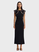 Black Koda Midi Dress featuring a sculptural silhouette, crafted from bonded crepe, ideal for formal occasions and celebrations.