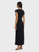 Elegant black Koda Midi Dress with a sculptural shape, made from bonded crepe, suitable for special occasions and celebrations.
