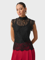 Black floral lace fitted top with cap sleeves, mock neckline, scalloped edges, and invisible back zipper closure.
