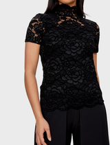 Black pullover with delicate floral lace detailing, ideal for layering or wearing on its own for a chic look.