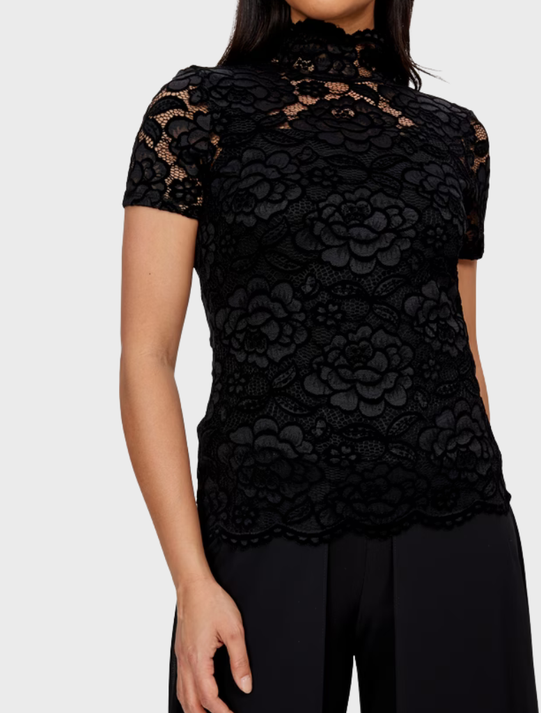 Black pullover with delicate floral lace detailing, ideal for layering or wearing on its own for a chic look.