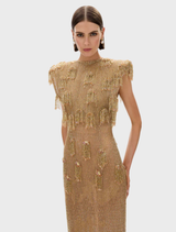 Gold Lani gown hanging on a hanger, featuring a sleek silhouette and delicate embellishments.