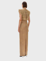  Elegant gold Lani gown with a flowing silhouette and intricate detailing, perfect for formal occasions.