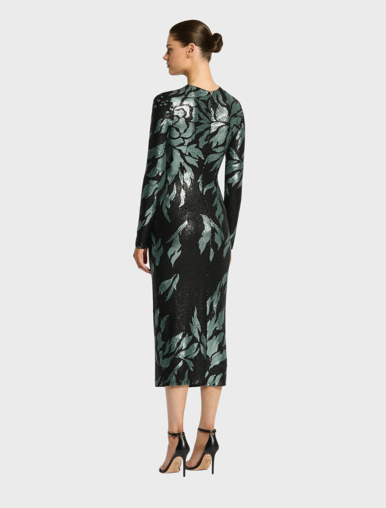 Larissa Midi Dress in mint black with a stylish leaf design.