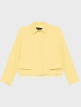 Yellow layered jacket with button closure, split cuffs, two flap pockets, and long sleeves for a stylish look.