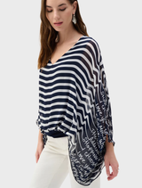 Long-sleeved top with a V-neckline, striped in navy and white, identified as style 262188.
