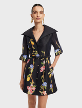 Mini dress in ebony color, embellished with a lemon vine print, featuring stylish sleeves for a contemporary look.