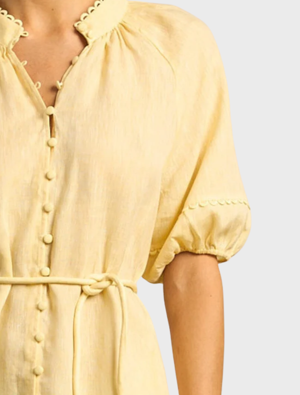 A cheerful lemonade-themed solar dress in vibrant yellow, designed for comfort and style in warm weather.