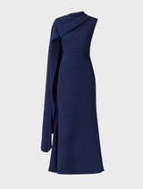 Stylish deep navy asymmetric cape dress from Leonara, designed for a chic and modern look at formal events.
