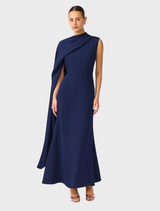 Stylish deep navy cape dress by Leonara, featuring an asymmetric cut for a modern and sophisticated look.
