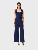 Leonara sleeveless jumpsuit in deep navy, combining a sleek bodice with wide-leg design for a fashionable outfit choice.