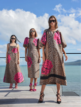 Stylish leopard floral dress with a romantic keyhole neckline, puff sleeves, and convenient side pockets for effortless wear.
