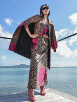 Luxurious leopard floral pleated dress with boned bodice, removable straps, and side pockets for versatile styling.