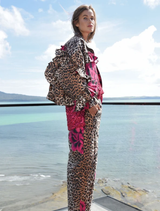 Stylish leopard floral trousers with a barrel-leg design, crafted from textured jacquard for a modern and comfortable fit.