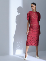 Letitia Midi dress in garnet color, featuring a flowing silhouette and elegant design suitable for various occasions.
