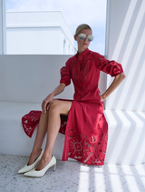 Letitia Shirt Dress in garnet color, featuring a classic shirt design with a flattering silhouette and button details.