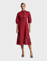 Letitia Shirt Dress in rich garnet, designed with a button-up front and a relaxed, chic silhouette for versatile wear.