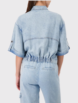 100% lyocell light denim jacket with a shirt collar, ¾ sleeves, and sophisticated patch pockets for a fashionable look.