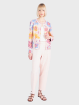 Classic light pink cardigan with vibrant floral jacquard design, crafted from breathable viscose-cotton blend fabric.
