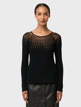 Sheer black knit top by Rhiannon, made from a blend of viscose and nylon, perfect for adding elegance to any ensemble.