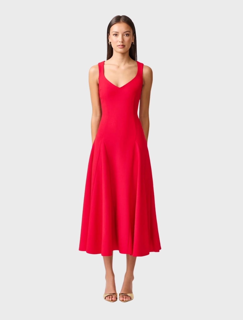  Crimson Lila A-Line midi dress featuring a fitted bodice and flared skirt, perfect for elegant occasions.