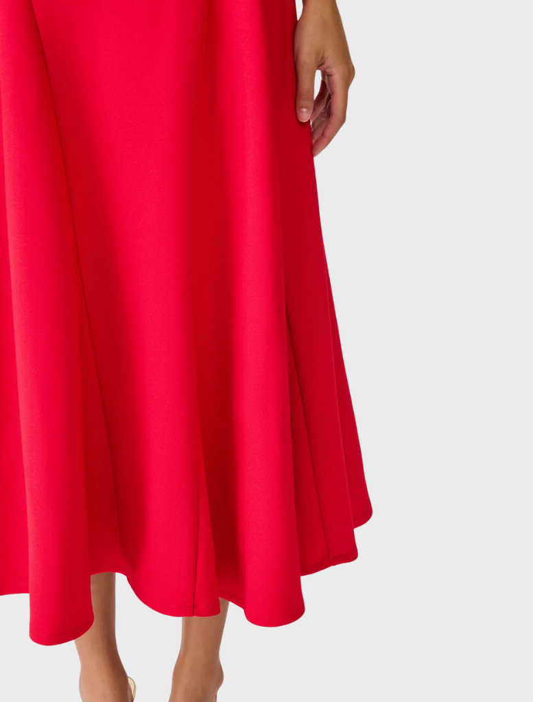 Elegant crimson Lila A-Line Midi Dress, designed with a flowing silhouette ideal for special occasions or everyday wear.