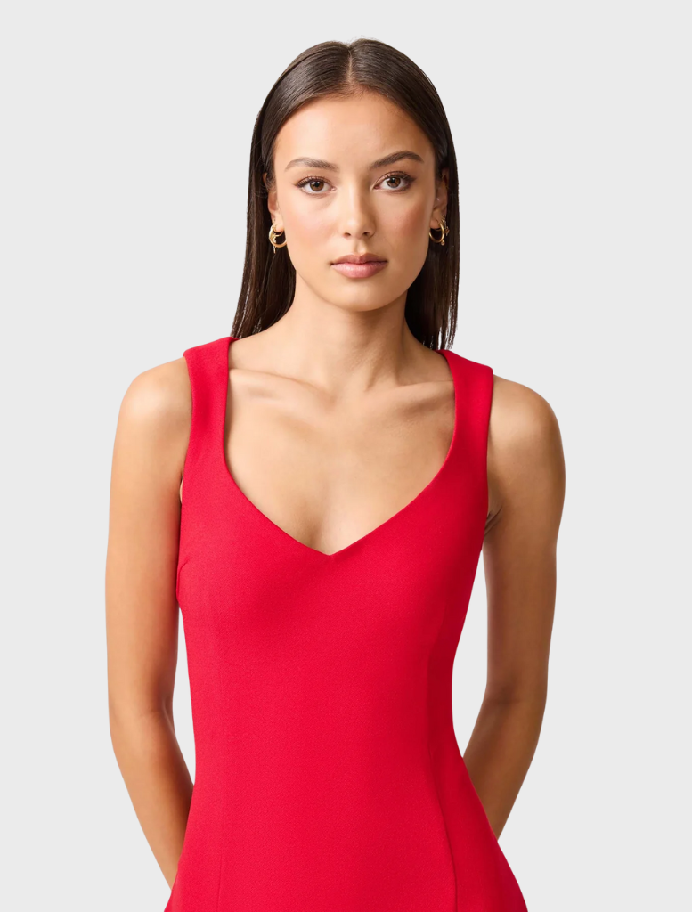 Lila A-Line Midi Dress in crimson, featuring a flattering silhouette and elegant design suitable for various occasions.