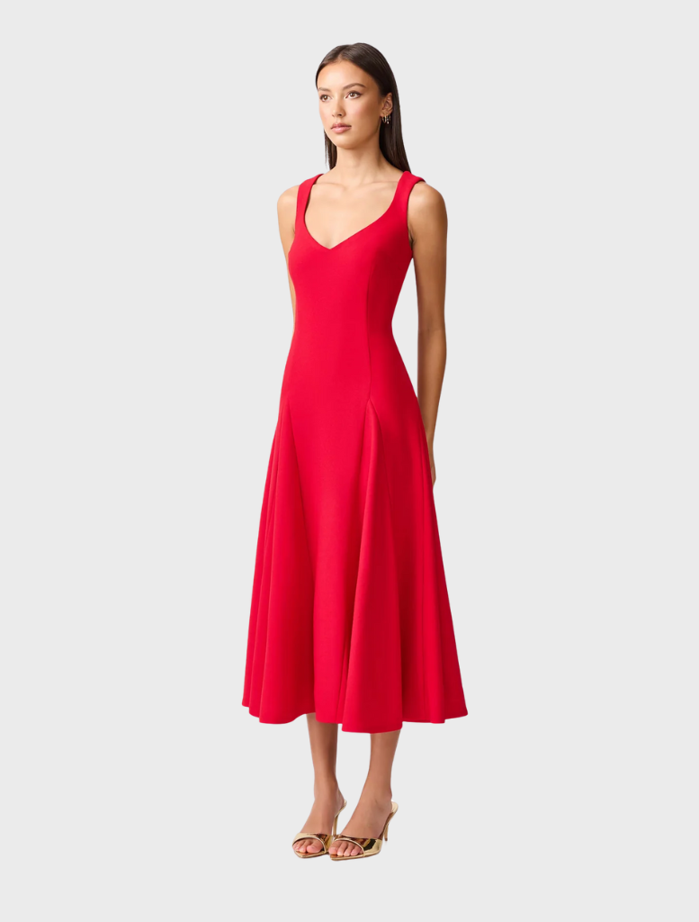 Lila A-Line midi dress in vibrant crimson, showcasing a tailored bodice and a graceful, flared silhouette.