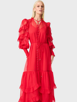 A flowing red dress with ruffled sleeves, designed to create a dramatic and eye-catching silhouette.