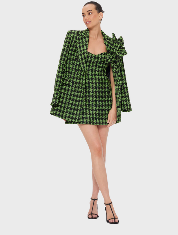 A woman wearing a green and black checkered dress stands confidently, showcasing her stylish outfit.