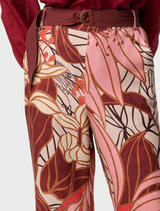 Printed belted pants by Adele in Cathedral Botanic design, made from linen viscose for comfort and style.
