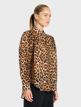 Mela Purdie Lyric Blouse in bold Wildcat print, made of soft linen voile with gathered front panels and a front yoke detail.
