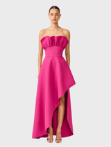 Pink orchid strapless asymmetric gown with structured design, showcasing elegant draping and a modern silhouette.