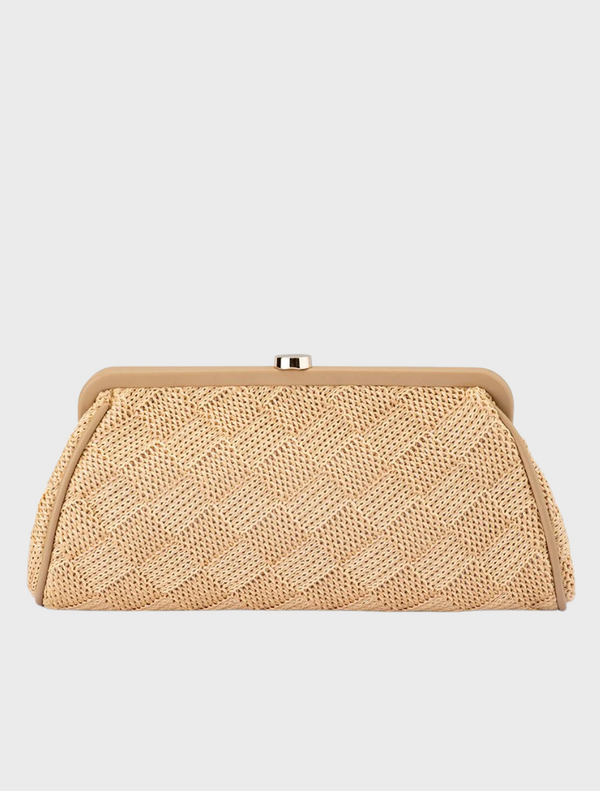 Beige woven fabric clutch bag, named Lois Woven Frame Bag - Natural, showcasing a stylish and textured design.