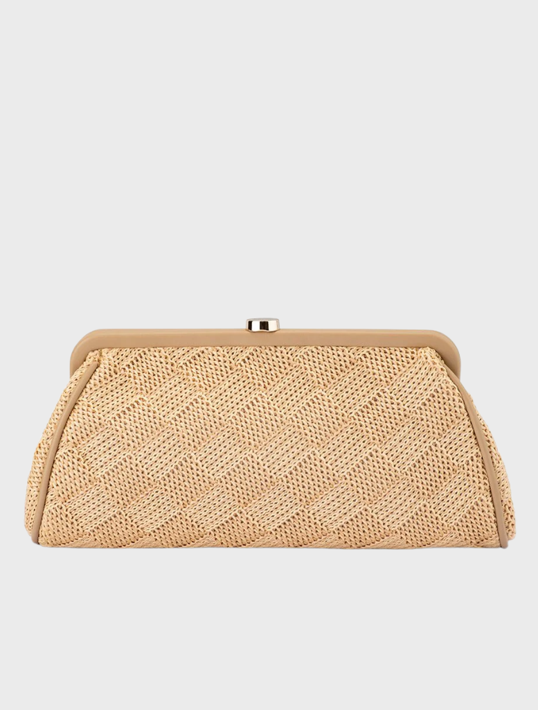 Beige woven fabric clutch bag, named Lois Woven Frame Bag - Natural, showcasing a stylish and textured design.
