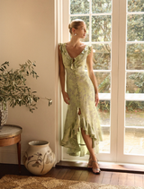 Silver-lime Lolita maxi dress displayed on a mannequin, featuring a flowing design and elegant silhouette.