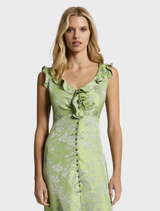 Silver-lime Lolita maxi dress with a flowing silhouette, highlighting its vibrant color and intricate design elements.