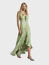 Elegant silver-lime maxi dress in Lolita style, featuring a full skirt and delicate details, displayed on a hanger.