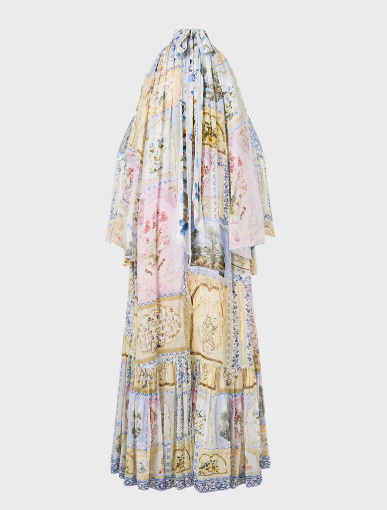 Stylish cold shoulder long dress with a floral design, combining comfort and elegance for special occasions.