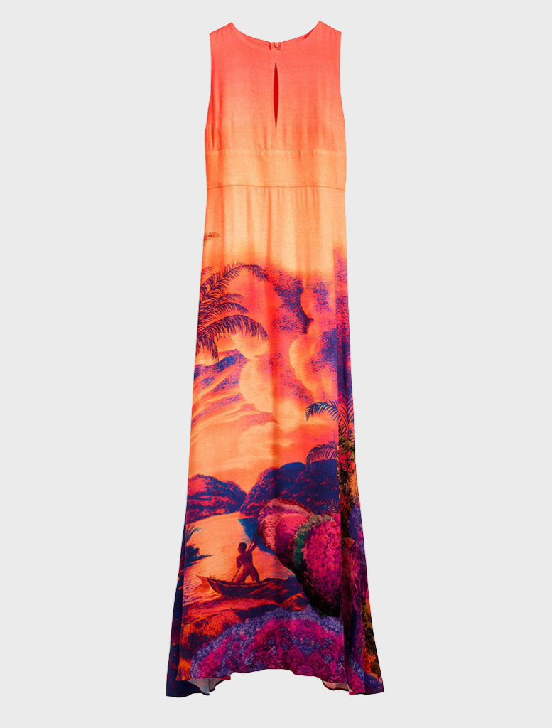 A dress adorned with an eye-catching orange and blue print, perfect for a fashionable look.