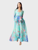  Elegant coral long sleeve maxi dress in blue multi design, perfect for formal occasions or casual outings with a stylish flair.