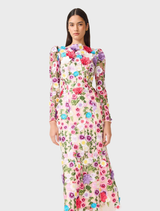 Multi floral Rosette long sleeve midi dress displayed on a mannequin against a neutral background.