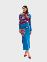 Long-sleeve mesh dress in luminous papaya color, featuring a stylish and elegant design suitable for various occasions.