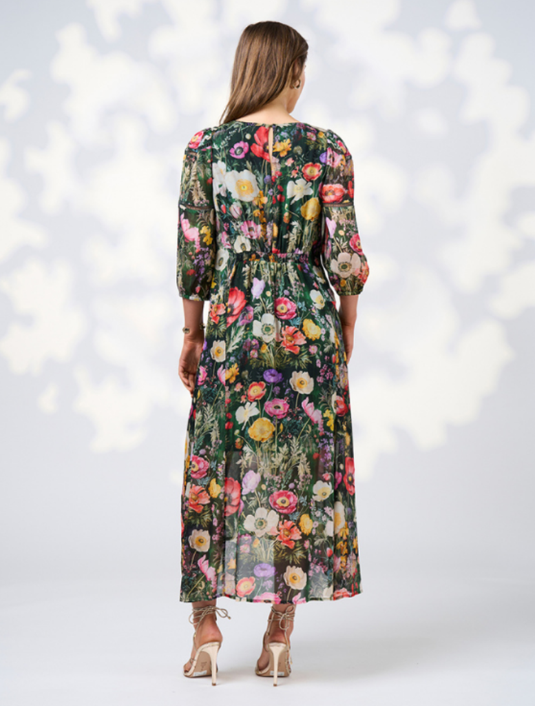 Ivy Multi floral midi dress, designed with a lively floral print fabric for a stylish and elegant look.