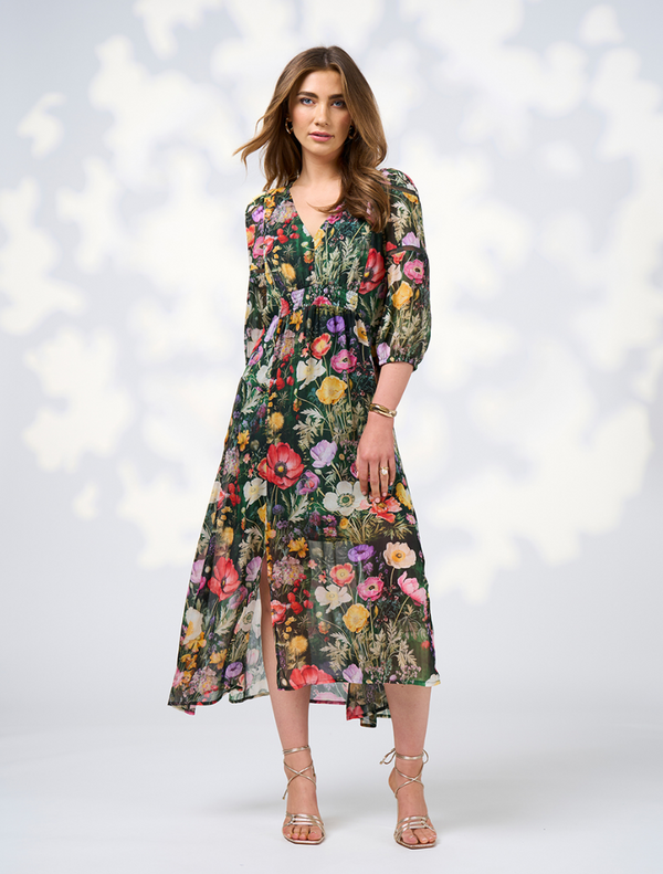 Floral midi dress in Ivy Multi print, featuring a vibrant floral pattern on soft fabric.