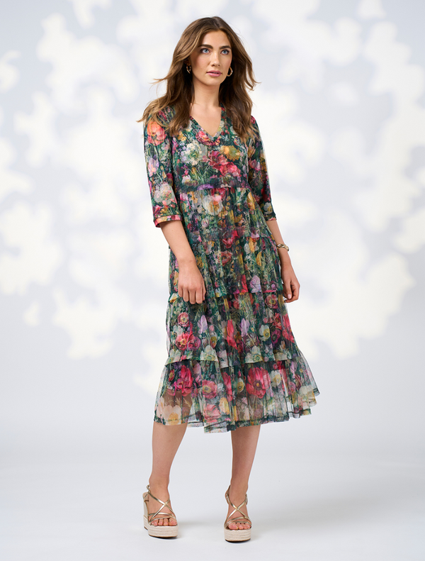 Floral print fabric dress titled "Looking Glass Tulle Dress - Ivy Multi" featuring a vibrant, colorful design.