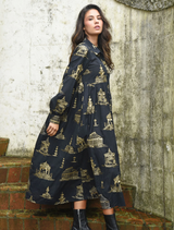 Elegant black and gold Loom With A View dress showcasing a stylish design, ideal for special events and gatherings.
